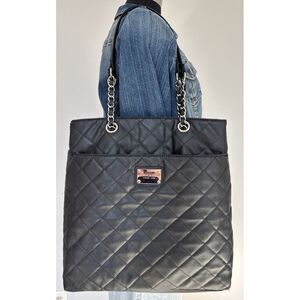 Nine West Quilted Black Shoulder Bag Tote Black Silver Chain Handles‎ Pockets